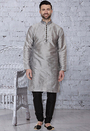 Plain Dupion Silk Kurta Set in Grey