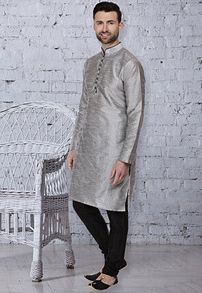 Plain Dupion Silk Kurta Set in Grey