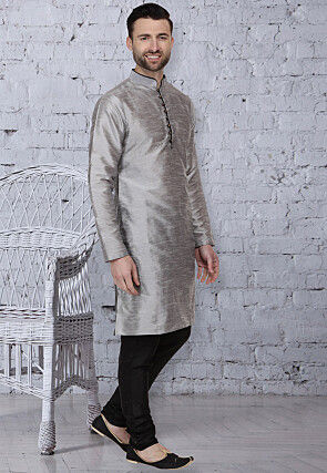 Plain Dupion Silk Kurta Set in Grey