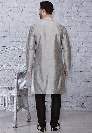 Plain Dupion Silk Kurta Set in Grey
