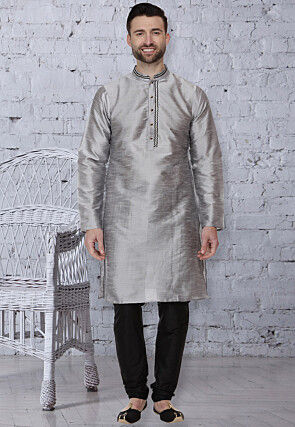 Plain Dupion Silk Kurta Set in Grey
