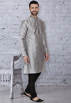 Plain Dupion Silk Kurta Set in Grey