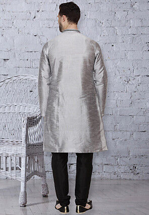 Plain Dupion Silk Kurta Set in Grey