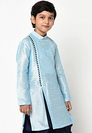 Plain Dupion Silk Kurta in Light Blue