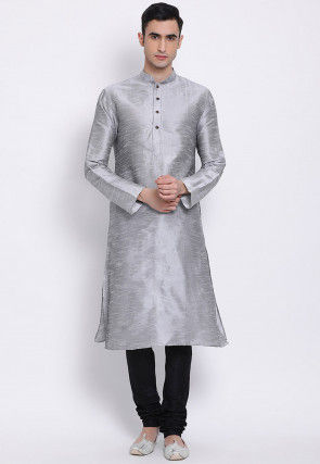 Plain Dupion Silk Kurta Set in Light Grey
