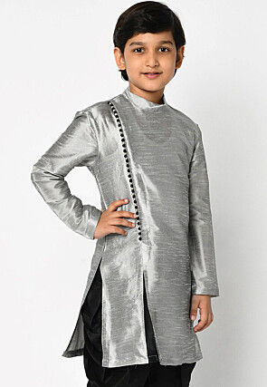Plain Dupion Silk Kurta in Light Grey