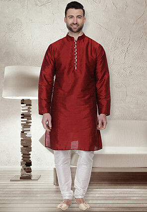 Plain Dupion Silk Kurta Set in Maroon