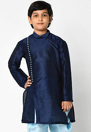 Plain Dupion Silk Kurta in Navy Blue