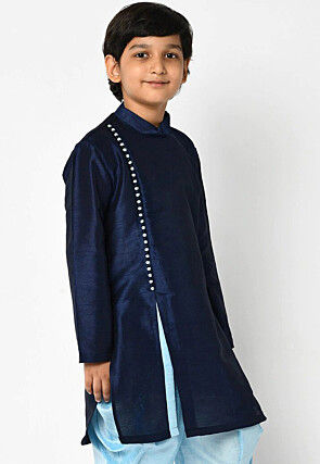 Plain Dupion Silk Kurta in Navy Blue