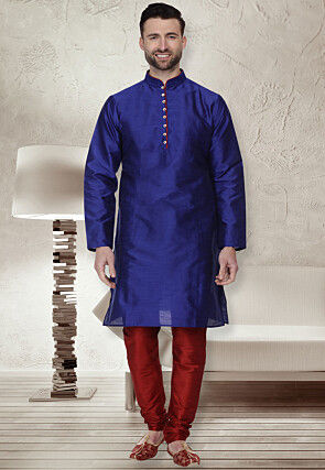 Plain Dupion Silk Kurta Set in Royal Blue