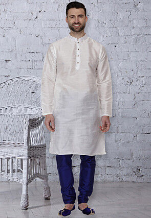 Plain Dupion Silk Kurta Set in White