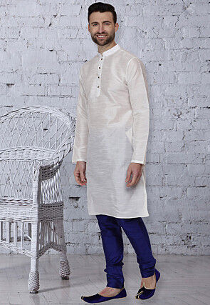 Plain Dupion Silk Kurta Set in White