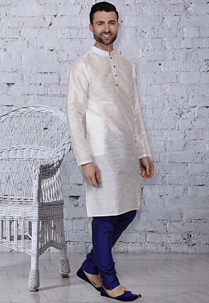 Plain Dupion Silk Kurta Set in White