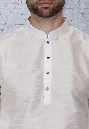Plain Dupion Silk Kurta Set in White