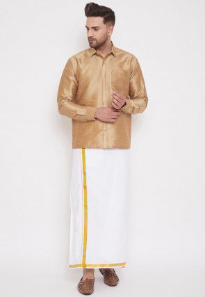 Plain Dupion Silk Mundu Shirt in Dark Beige and Off White