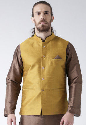 Plain Dupion Silk Nehru Jacket in Beige