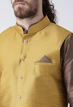 Plain Dupion Silk Nehru Jacket in Beige