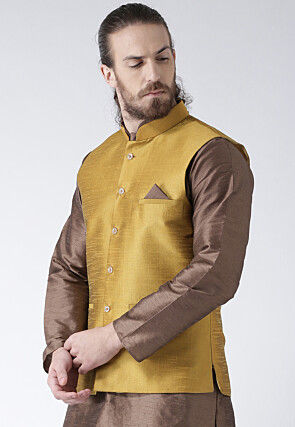 Plain Dupion Silk Nehru Jacket in Beige