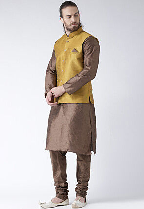 Plain Dupion Silk Nehru Jacket in Beige