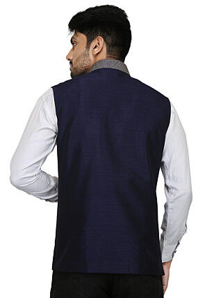 Plain Dupion Silk Nehru Jacket in Navy Blue