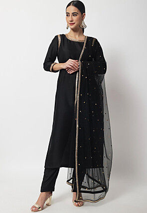Plain Dupion Silk Pakistani Suit in Black