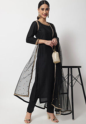 Plain Dupion Silk Pakistani Suit in Black