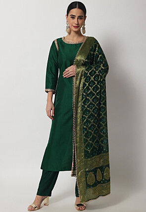 Plain Dupion Silk Pakistani Suit in Dark Green