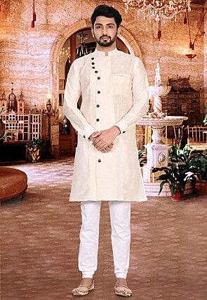 Plain Dupion Silk Sherwani in Cream