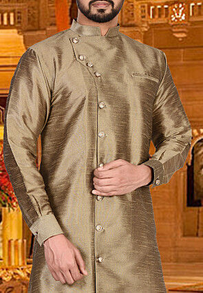 Plain Dupion Silk Sherwani in Dark Beige
