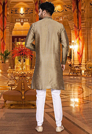 Plain Dupion Silk Sherwani in Dark Beige