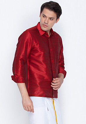Plain Dupion Silk Shirt in Maroon