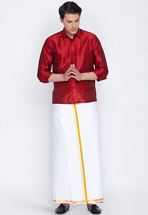 Plain Dupion Silk Shirt in Maroon
