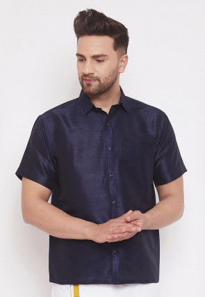Plain Dupion Silk Shirt in Navy Blue