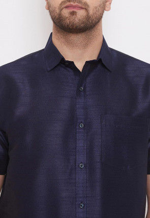 Plain Dupion Silk Shirt in Navy Blue