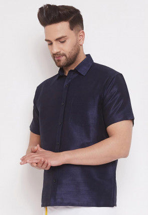 Plain Dupion Silk Shirt in Navy Blue