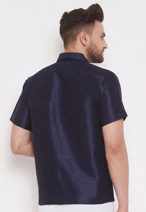Plain Dupion Silk Shirt in Navy Blue