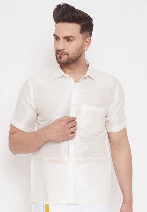 Plain Dupion Silk Shirt in Off White