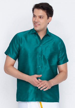 Plain Dupion Silk Shirt in Teal Blue