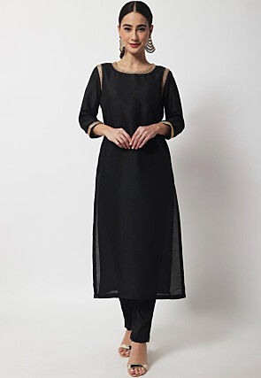 Plain Dupion Silk Straight Kurta Set in Black