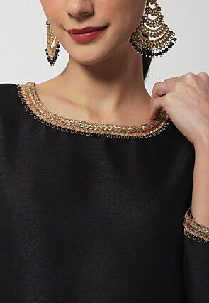 Plain Dupion Silk Straight Kurta Set in Black