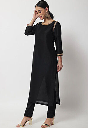 Plain Dupion Silk Straight Kurta Set in Black