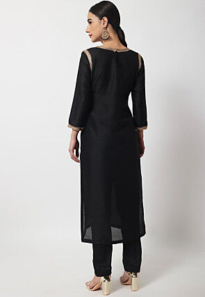 Plain Dupion Silk Straight Kurta Set in Black