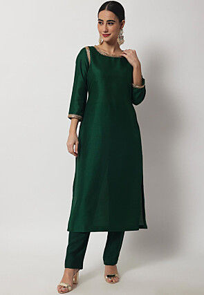 Plain Dupion Silk Straight Kurta Set in Dark Green
