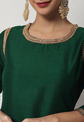 Plain Dupion Silk Straight Kurta Set in Dark Green