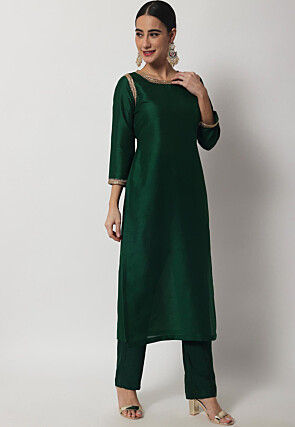 Plain Dupion Silk Straight Kurta Set in Dark Green