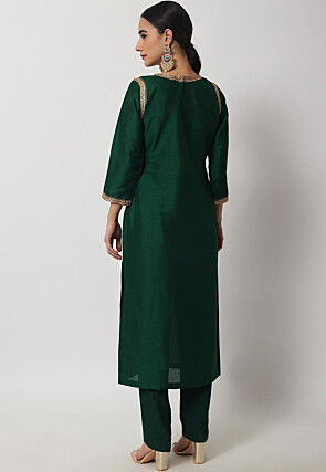 Plain Dupion Silk Straight Kurta Set in Dark Green