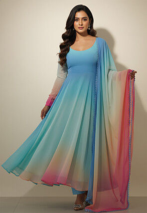 Plain Georgette Abaya Style Suit in Blue and Multicolor