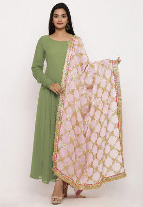 Plain Georgette Abaya Style Suit in Light Olive Green