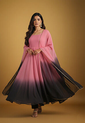 Plain Georgette Abaya Style Suit in Pink and Black Ombre