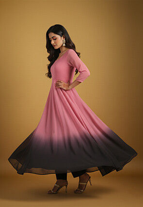 Plain Georgette Abaya Style Suit in Pink and Black Ombre